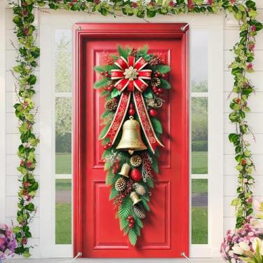 Imagem de BlissYard Guirlanda de cobertura de porta de Natal, 89 x 188 cm, porta vermelha, neve, fosco, pinhas e bagas, arco para festas de fim de ano, faixa de fotos festiva para porta da frente, tecido de