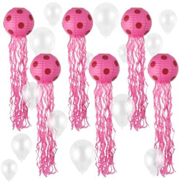 Imagem de Conjunto de 6 lanternas de papel de água-viva penduradas para festa de esponja com balões transparentes de 12,4 cm e 25,4 cm para decoração de festa de aniversário sob o mar, oceano, tema sereia