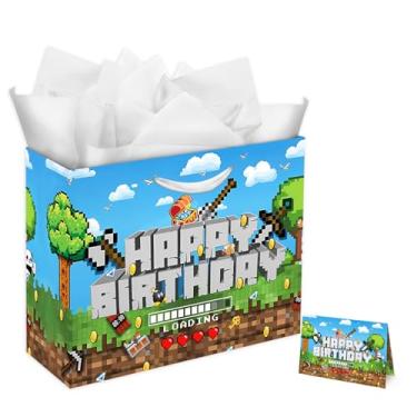 Imagem de Conjunto de bolsa de presente grande estilo pixel de 33 cm com cartão de felicitações e papéis de seda, sacos de presente de feliz aniversário para decoração de caixas, tema de videogame, celebração