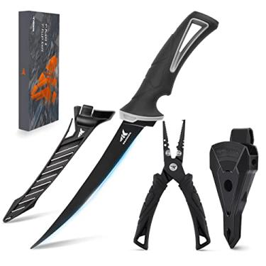 Imagem de KastKing Alicate de pesca com faca de filete, alicate de pesca de aço inoxidável revestido, faca de filete revestida resistente à corrosão, alicate de anel dividido de 17 cm e faca de filete de 17 cm