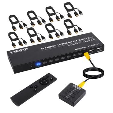 Imagem de DGODRT - Interruptor HDMI KVM de 8 portas, interruptor HDMI KVM 4K @60Hz para 8 computadores, compartilhe 1 monitor HD e 4 dispositivos USB, incluindo 8 cabos HDMI e controle remoto