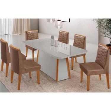 Imagem de Conjunto Sala de Jantar Tilia c/ Tampo Madeirado c/ Vidro Canto Curvo 180x90cm e 6 Cadeiras Maldivas Madeira Maciça Naturale/Off White - Capuccino/Cor