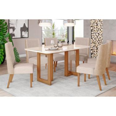 Imagem de Kit 6 Cadeiras Sala Jantar Yara SC79 Tampo Madeirado c/ Vidro Canto Curvo 160x90cm e 6 Cadeiras Anne Nature/Courano/Creme - Henn