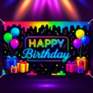 Imagem de BlissYard Banner neon feliz aniversário 188 x 109 cm que brilha no escuro cenário decoração de festa balões coloridos caixas de presente tinta respingos confetes suprimentos para festa de aniversário