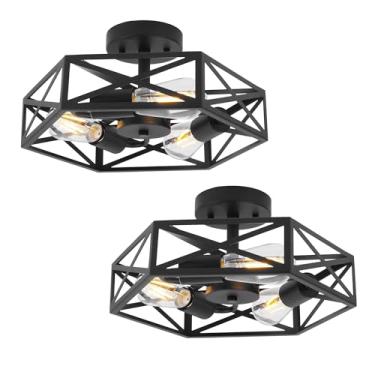 Imagem de WYNEYET Luminária de teto de 35,5 cm perto de teto, 3 luzes de gaiola semi embutida pacote com 2, luz de teto preta para casa de fazenda de metal embutida para casa, corredor, cozinha, quarto,