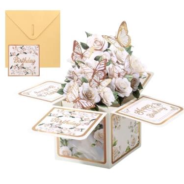 Imagem de Cartões de Aniversário Pop-up para Mulheres, Lindas Rosas e Borboletas Caixa de Cartões Pop-up 3D com Envelope para Mãe Esposa Irmã e Namorada