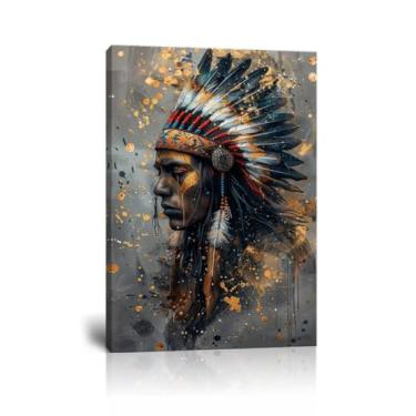 Imagem de Wall HDQ Arte de parede abstrata retrô nativo americano chefe com penas, pintura a óleo, decoração de parede indiana colorida para quarto, banheiro, decorações de casa emolduradas (45,7 cm x 61 cm)