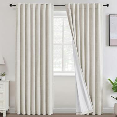 Imagem de Cortinas blackout 100% branco marfim cortina de chenille de linho cortina preta total para sala de estar quarto cortinas com isolamento térmico moderno casa de fazenda chique gasto, 132 cm L x 246 cm