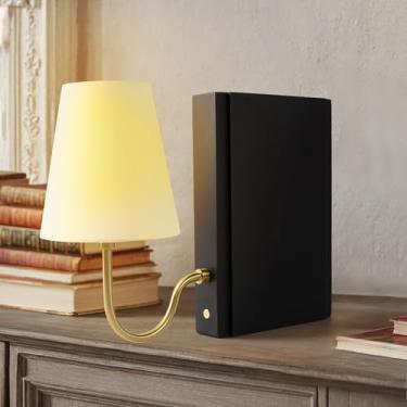 Imagem de AELS Lâmpada de estante de madeira com lâmpada, abajur de mesa com persiana de linho, controle de toque regulável em 3 cores, suporte decorativo moderno, arandela de livros para escritório, casa