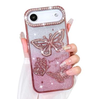 Imagem de Bonoma Capa com glitter para Plus, linda capa com estampa de borboleta 3D, proteção da câmera, capa traseira macia e brilhante para mulheres e meninas, rosa