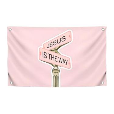 Imagem de Bandeira engraçada de poliéster com citação "Jesus Is The Way" com quatro argolas de latão - Bandeiras engraçadas de poliéster para decoração de parede quarto - Faixa positiva de um lado para sala de