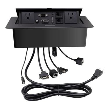 Imagem de Tomada pop-up; filtro de linha pop-up; caixa de tomada de conexão de bancada embutida; 2 tomadas, HDMI USB VGA 3,5 mm porta de rede de áudio mesa de conferência caixa de tomada multimídia - preto
