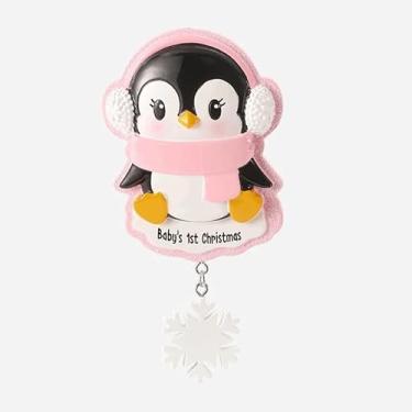 Imagem de Enfeite de Natal personalizado do primeiro pinguim de Natal, design rosa de inverno com floco de neve, decoração de resina de 10 cm