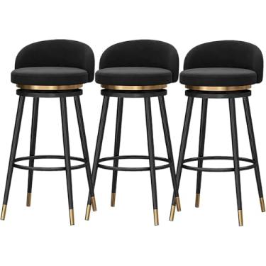 Imagem de Conjunto De Bancos De Bar Giratórios De 360 ° Altura Do Balcão Bancos De Bar Giratórios De 360 ° Com Cadeiras De Bar De Encosto Baixo Banco De Pé Estofado De Veludo Bar E, Black, 65cm