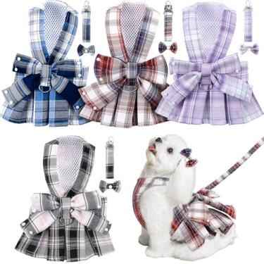 Imagem de Yearntown 4 peças de vestido xadrez para cachorro com pérolas, gravata borboleta, trela, lindo vestido de cachorrinho para cães pequenos, roupas para cães pequenos, roupas de saia para gatos chihuahua