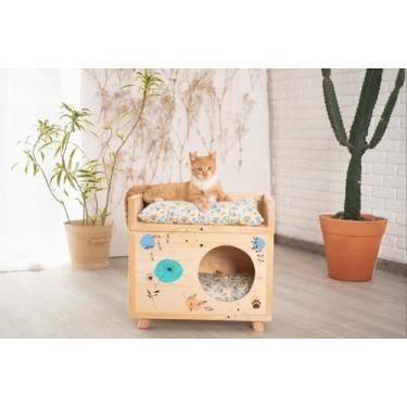Imagem de Casa Toca Em Madeira Para Gato Com Pintura Orgânica e Almofada