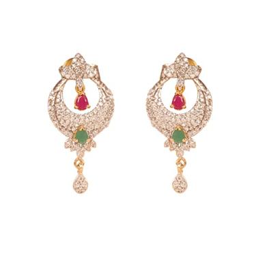 Imagem de Touchstone Brincos longos de lustre, joia indiana de Bollywood com zircônia cúbica, zircônia cúbica, cravejada, joia de designer longa em tom dourado e prateado para mulheres., Latão, Sem pedras preciosas