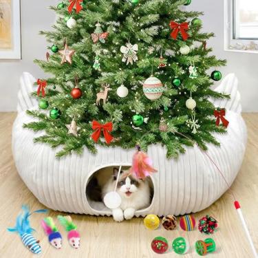 Imagem de OurWarm Cama de túnel para gatos de pelúcia quente de Natal com tubo, brinquedos para playground mais compridos, dobráveis, para gatos internos, branco