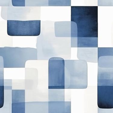 Imagem de EaseStick Papel de parede geométrico retangular aquarela azul e branco papel de parede geométrico para banheiro decalques de parede 45 x 406 cm pré-colado abstrato art déco azul papel de contato para