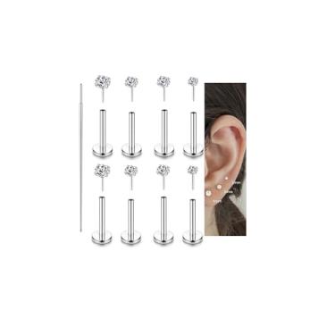 Imagem de Incaton Brincos 18G Threadless Flat Back Stud para mulheres e homens, aço cirúrgico 316L hipoalergênico push in Nose Studs CZ Narina Tragus Helix Labret Studs Piercing Jewelry, Aço inoxidável