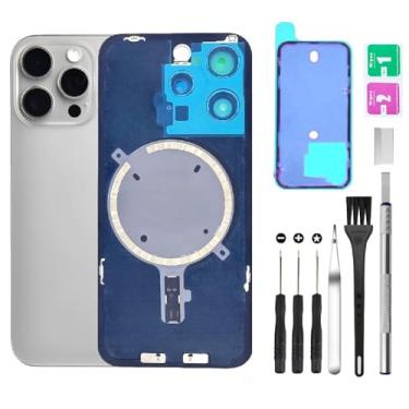 Imagem de Substituição de vidro da tampa traseira traseira para iPhone 15 Pro Max vidro traseiro + lente da câmera + ímã + suporte de peça de ferro com kit de ferramentas de reparo (titânio)