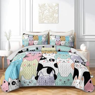 Imagem de HOSIMA Lindo conjunto de colcha de gato queen para decoração de quarto de menina adolescente, colcha de gato com estampa colorida de animais de estimação, roupa de cama kawaii para crianças, roupa de