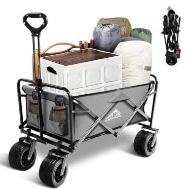 Imagem de Carrinho de carroça dobrável resistente com rodas – vagão utilitário portátil dobrável de grande capacidade para compras, praia, acampamento e esportes, cinza