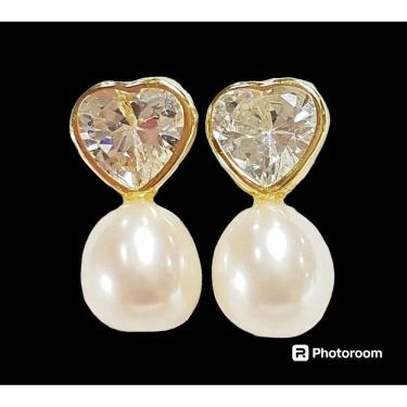 Imagem de Brinco Coração Zircônia Branca Pérola Gota Banhado Ouro 18K