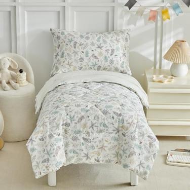 Imagem de JHXHMX Conjunto de cama infantil de 4 peças para meninas, conjunto de edredom infantil com estampa de folhas, conjunto de cama de berço macio, incluindo edredom, lençóis e fronha-folha