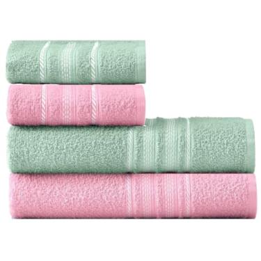 Imagem de Jogo de Toalhas de Banho e Rosto 4 Pçs Coleção Teka-Escala 100% Algodão, 280g/m² (Verde/Rosa)