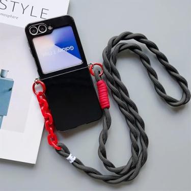 Imagem de Capa para Galaxy Z Flip6 com alça transversal, fina, fofa, sólida, protetora (para Galaxy Z Flip6/preta)