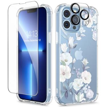 Imagem de GVIEWIN Capa projetada para iPhone 13 Pro de 6,1 polegadas, com protetor de tela de vidro temperado + protetor de lente de câmera flor transparente macia e flexível à prova de choque floral feminina