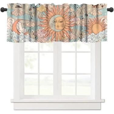 Imagem de Cortinas retrô sol lua saia vintage astrologia mística tarô zodíaco galáxia espaço janela tratamento sanefa para casa de fazenda sala de jantar cozinha cantinas decoração café 137 x 45 cm
