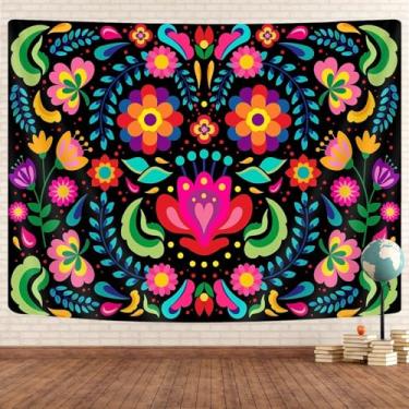 Imagem de GOAOK Tapeçaria Mexicana, Tapeçaria Hippie Estética Tradicional Floral México Colorido, Ornamentado Mexicano Flores Pastel Planta Pequena Tapeçaria para Quarto Sala de Estar 101.6 cm x 50.8 cm Preto