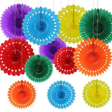 Imagem de CC wonderland zone 12 peças para fãs de papel colorido decorações de festa, arco-íris pendurado no teto favo de mel leques de papel de seda redondos para decorações de festa de casamento de carnaval