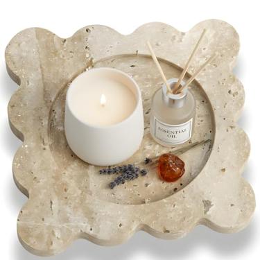 Imagem de DACHUN Bandeja de mármore natural, organizador de banheiro e decoração de balcão de cozinha, bandeja de armazenamento de pedra para velas de maquiagem de joias de perfume (travertino bege)