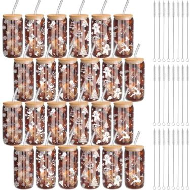 Imagem de Yetene Conjunto de 24 copos de Natal de 473 ml, copos de café de vidro gelado com tampa e canudos, caneca de copo de Natal, conjunto de presente para mulheres e homens (estilo branco)