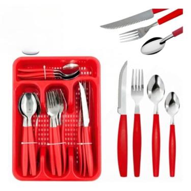 Imagem de Faqueiro Inox Jogo De Talheres Porta Talher Com 25 Peças Preto E Vermelho(VERMELHO)