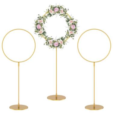 Imagem de HJJWNDDNG 3 peças de argola redonda de metal com suporte de anel de ouro de metal centros de mesa elegantes aros florais fáceis de instalar suporte de anel de guirlanda para decoração de festa DIY