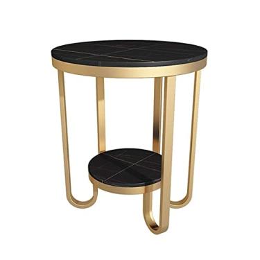 Imagem de Mesa lateral de pedra ardósia de 2 andares, sala de estar, mesa de centro de ferro forjado, dourado, suporte de revistas, quarto, mesa de cabeceira, mesa de canto 50 × 60 cm (cor: branco) (preto)