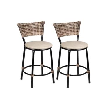 Imagem de Banqueta Baixa com Encosto em Junco e Assento em Napa – Estrutura em Aço Preto 7/8 | Design Moderno e Confortável | Ideal para Cozinhas, Bares e Varandas | Suporta até 120kg (Bege)