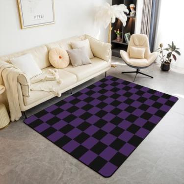 Imagem de Feelyou Tapete quadriculado 3x5 poliéster roxo preto xadrez tapetes para sala de estar para quarto fofo retrô neutro quadriculado decoração geométrica tapete vintage estética interior tapete macio