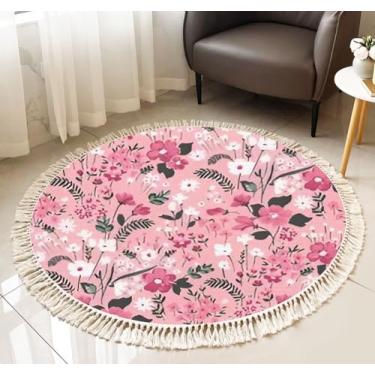 Imagem de ENIGMEX Tapete de franja redondo moderno sem costura estampa floral boho tapete de linho tecido à mão pátio corredor tapete decoração de casa sala de estar mesa de banheiro, 9 m