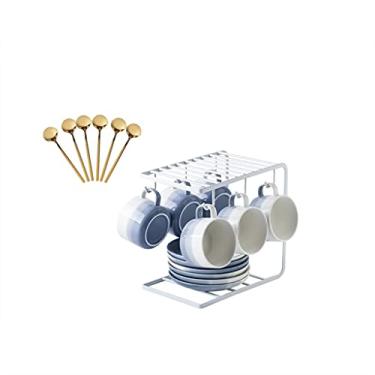 Imagem de Conjunto de Xícaras de Chá Estilo Europeu Conjunto de 4 ou 6 Xícaras de Café Europeu com Colher e Pires, Xícara de Leite Expresso com Suporte para Copos (Branco Dourado)