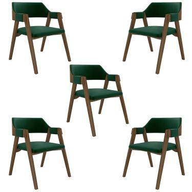Imagem de Kit 5 Cadeiras Sala de Jantar e Jogos Carteados Madeira Maciça Poker Veludo Verde/Nogueira G42 - Gran Belo