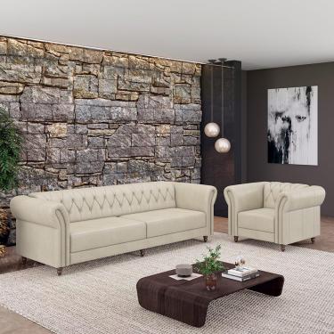 Imagem de Conjunto Sala de Estar 1 Sofá Living 240cm e 1 Poltrona Stanford Chesterfield Pés Madeira Couro Off White G58 - Gran Belo