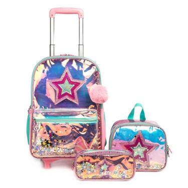 Imagem de Mochila Menina de Rodinha Kit Estojo e Lancheira termica-Unissex