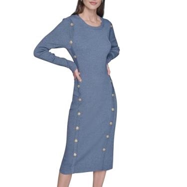 Imagem de Karl Lagerfeld Vestido essencial feminino de manga comprida com detalhe de botão na altura do tornozelo, Azul gelo/Academia Naval, GG