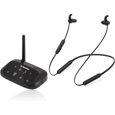 Imagem de Avantree Fones de ouvido sem fio HT5006 para ouvir TV, suporte passthrough, 20 horas de fone de ouvido com faixa de pescoço com transmissor Bluetooth para óptica digital, RCA, AUX TVs de 3,5 mm, Plug and Play, sem atraso de áudio