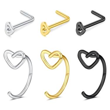 Imagem de TOKRING Anéis de nariz de coração para mulheres 20G piercings de nariz joias de aço inoxidável hipoalergênico piercing de narina joia 6 peças